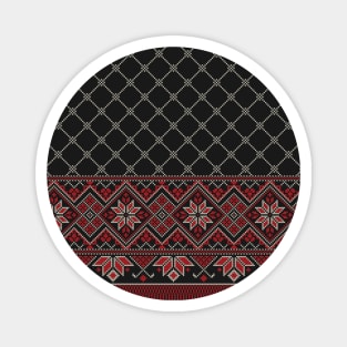 Palestinian Arabic Kufiya Keffiyeh or also called Hatta Traditional Pattern with Tatreez Embroidery Art Design Red Cream on Black Magnet